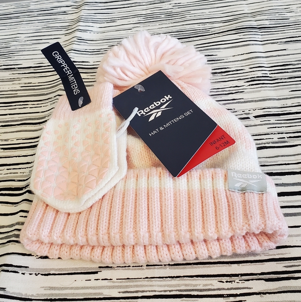 Reebok Soft Pink Children's Hat with Pom Pom and Gripping Mittens 6-12 Months